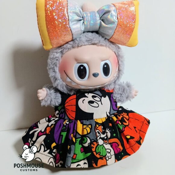 Labubu Mickey Pumpkin Halloween Dress with Metallic Candy Corn Bow Outfit - Picture 2 of 5